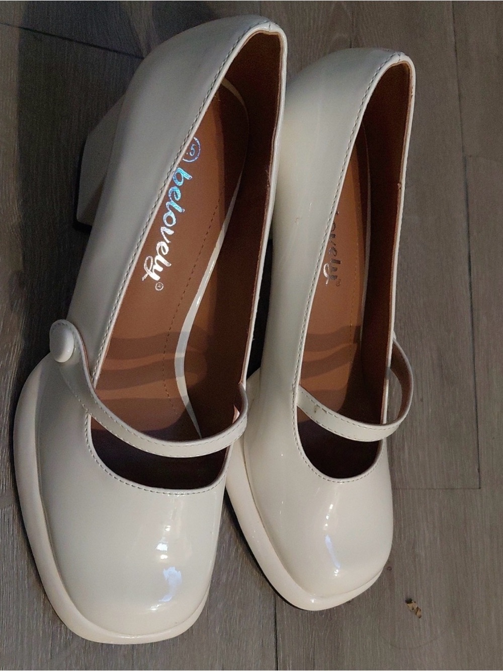 Patent Cream Mary Jane Block Heel Pumps